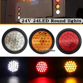 1x 24V Rear Tail Brake Stop Marker Light Indicator Car Truck Trailer 24 LEDS Round Reflector Warning Lights Red Yellow White