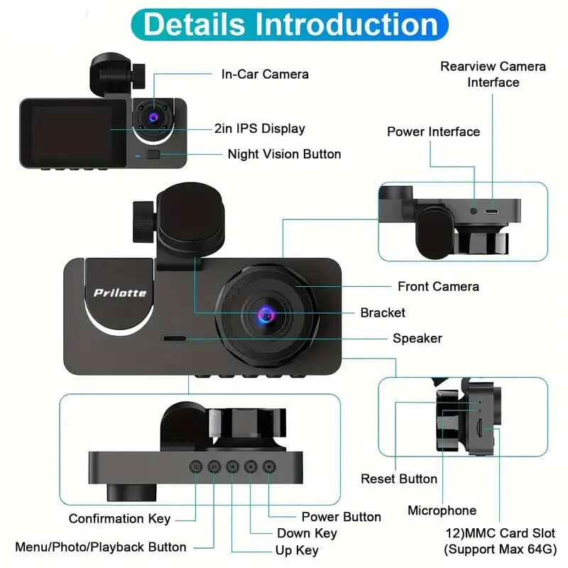 3-Channel 4K UHD Dash Cam Front, Rear and Inside with 32GB SD Card