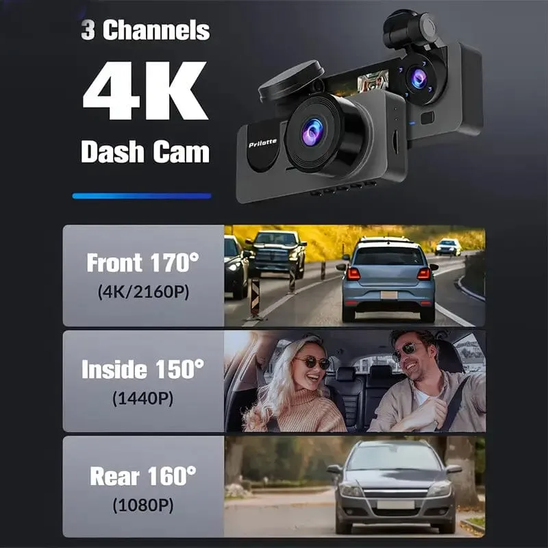 3-Channel 4K UHD Dash Cam Front, Rear and Inside with 32GB SD Card