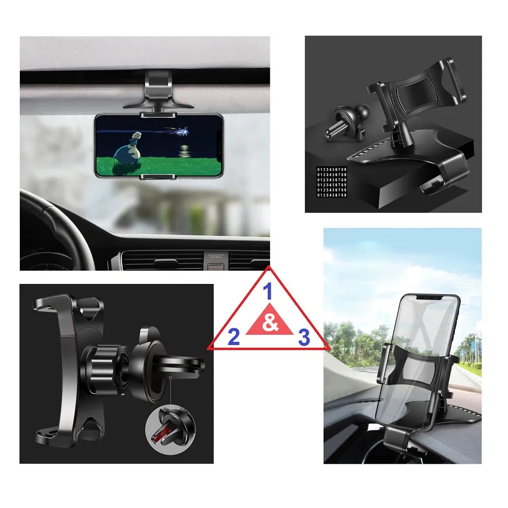 3 in 1 Car GPS Smartphone Holder: Dashboard / Visor Clamp   AC Grid Clip for BLU Dash 4.0 D271i - Black