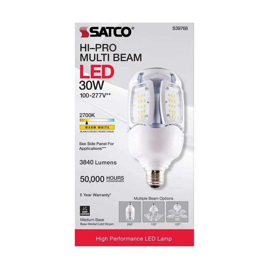30 Watt LED HID Replacement - 2700K - Medium base - Adjustable Beam Angle - Type B Ballast Bypass -100-227V