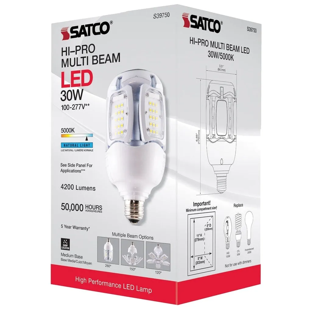 30 Watt LED HID Replacement - 5000K - Medium base - Adjustable Beam Angle - Type B Ballast Bypass -100-227V