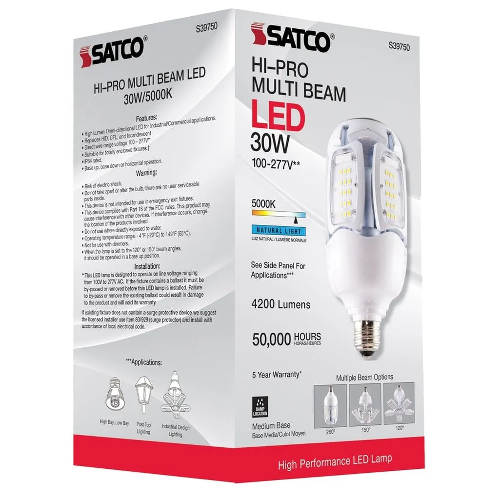 30 Watt LED HID Replacement - 5000K - Medium base - Adjustable Beam Angle - Type B Ballast Bypass -100-227V