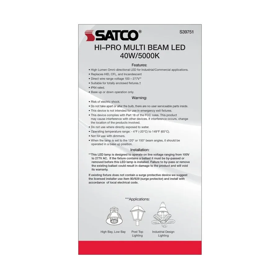 40 Watt LED HID Replacement - 5000K - Mogul extended base - Adjustable Beam Angle - Type B Ballast Bypass -100-227V