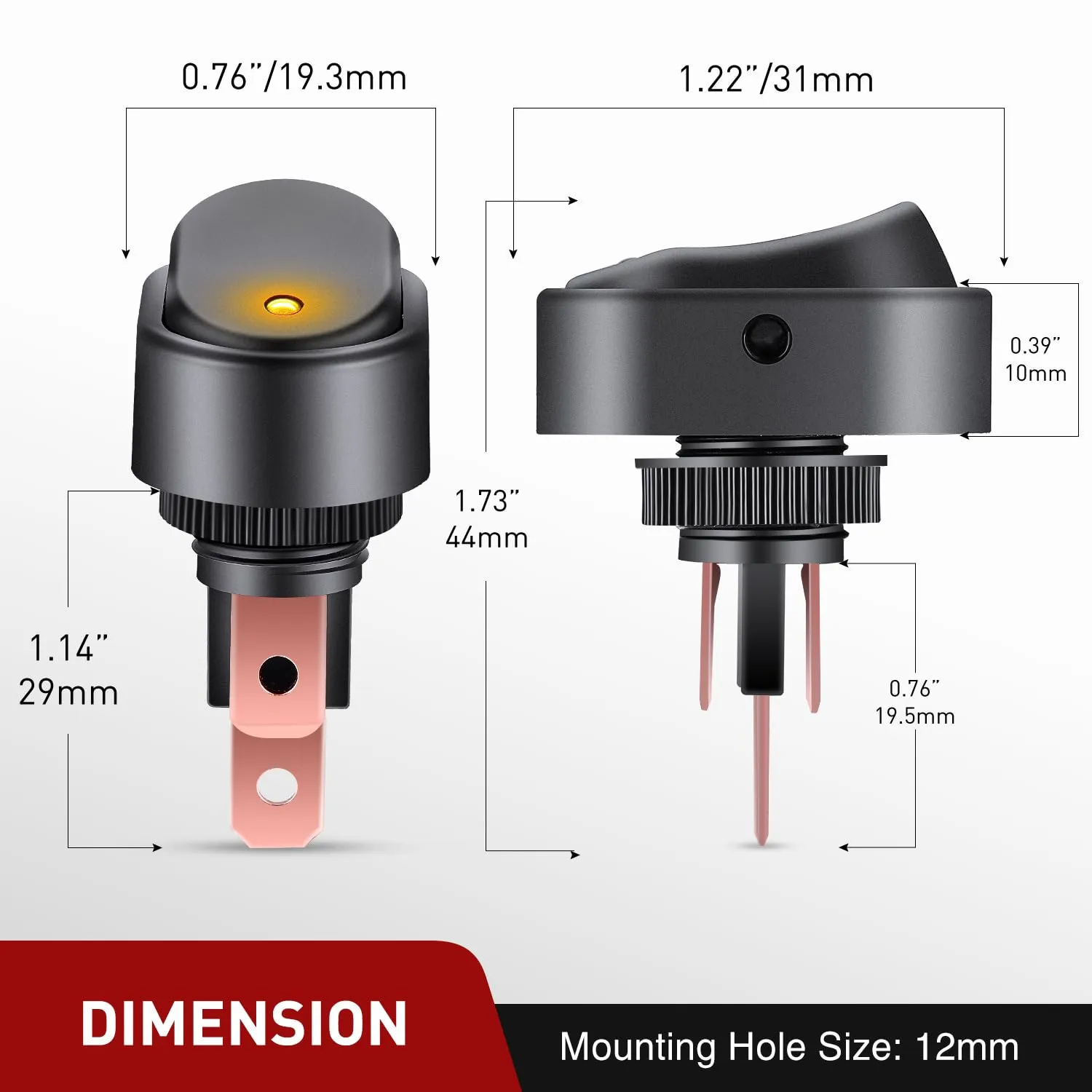 5Pcs 12V 30A Round Toggle LED Switch with Yellow LED Indicator