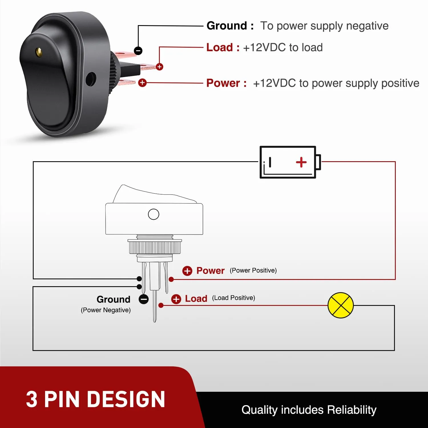 5Pcs 12V 30A Round Toggle LED Switch with Yellow LED Indicator