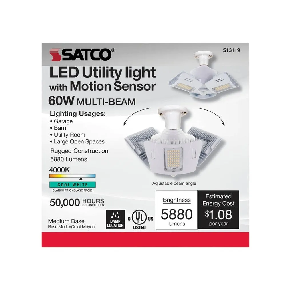 60 Watt LED Motion Sensor Utility Light 4000K - Medium base - Adjustable Beam Angle - 100-227V