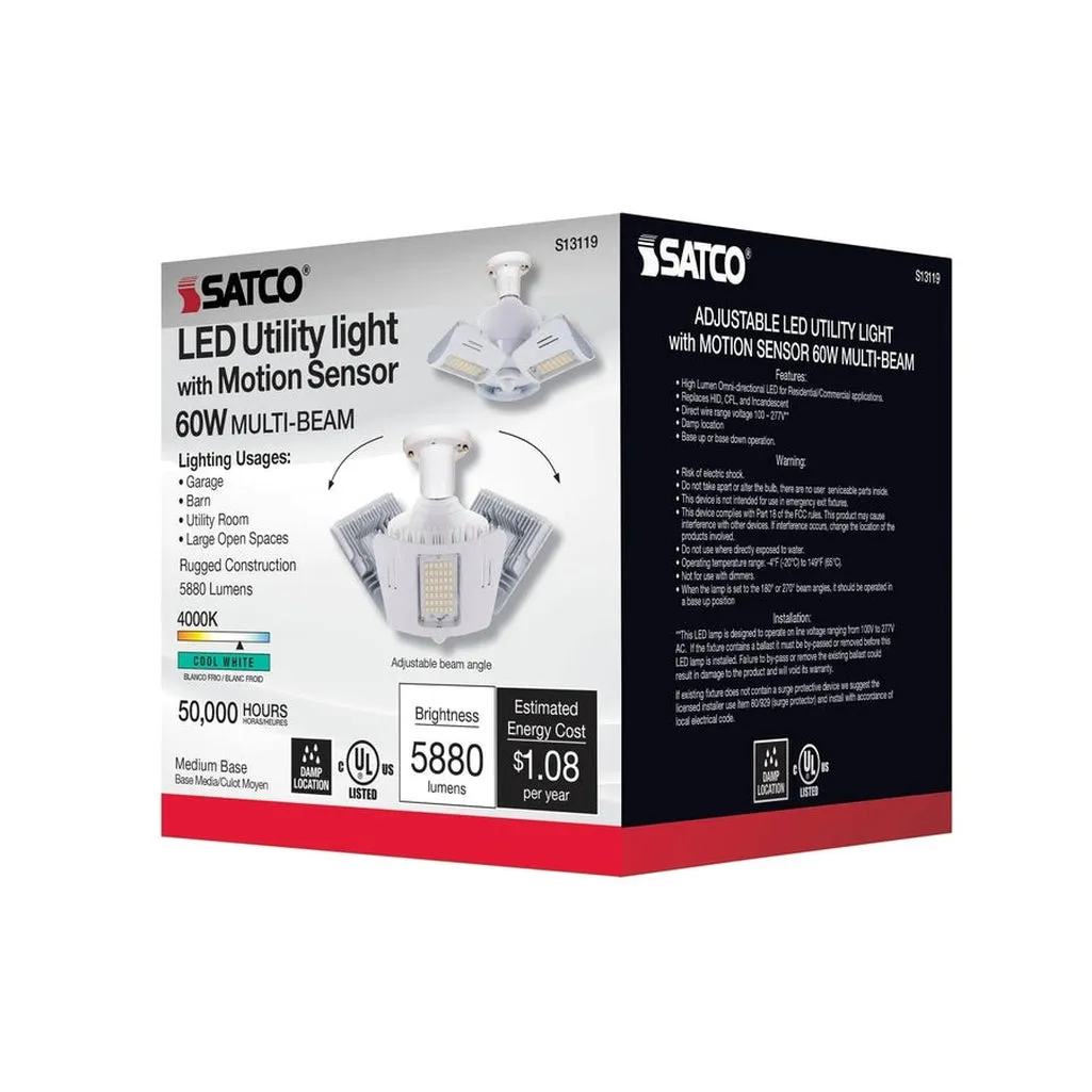 60 Watt LED Motion Sensor Utility Light 4000K - Medium base - Adjustable Beam Angle - 100-227V