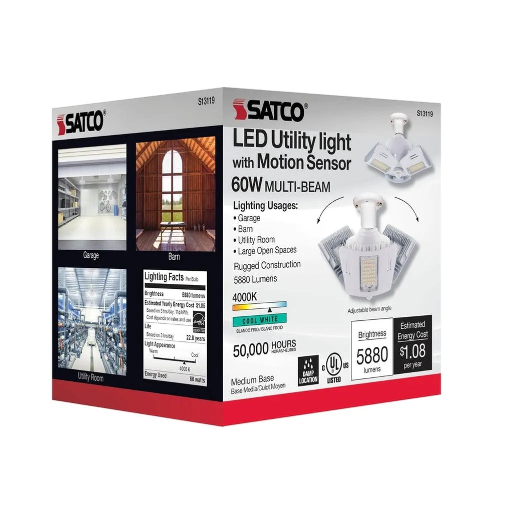 60 Watt LED Motion Sensor Utility Light 4000K - Medium base - Adjustable Beam Angle - 100-227V