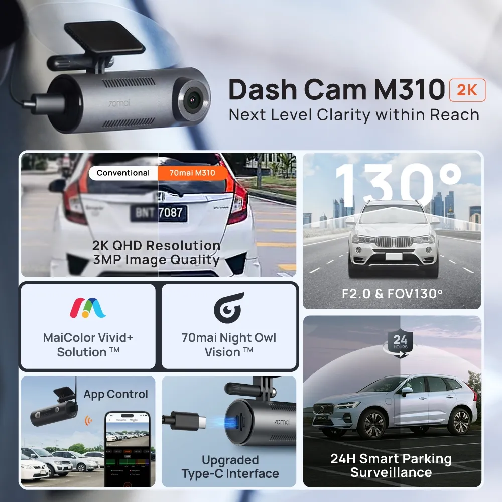 70mai M310 Car Recorder Dash Cam 2K QHD Resolution 1296p Support Parking Surveillance | Voice & Apps Control