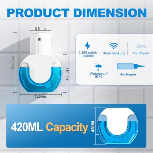 Automatic Foaming Soap Dispenser 15oz/420ml Foaming Hand Sanitizer Touchless Wall Mount with 4levels Adjustable Free Touch Electric Soap Dispenser Rechargeable with Sensor for Bathroom Kitchen