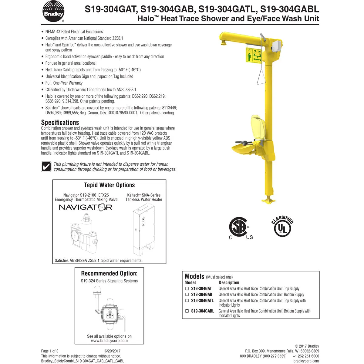 Bradley S19-304GATL General Area Halo Heat Trace Combination Unit, Top Supply with Indicator Lights