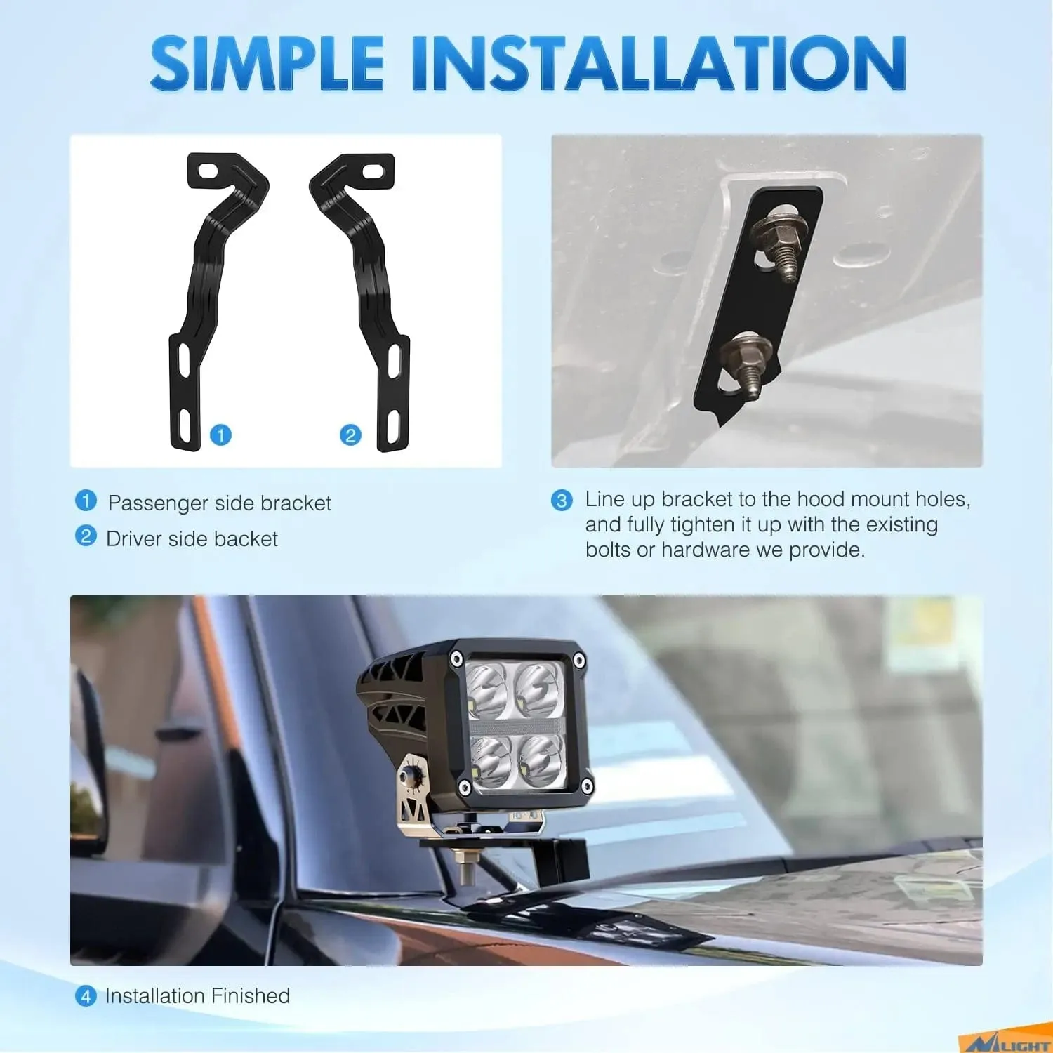 Ditch Light Hood Mounts For 2016-2020 3rd Gen Toyota Tacoma