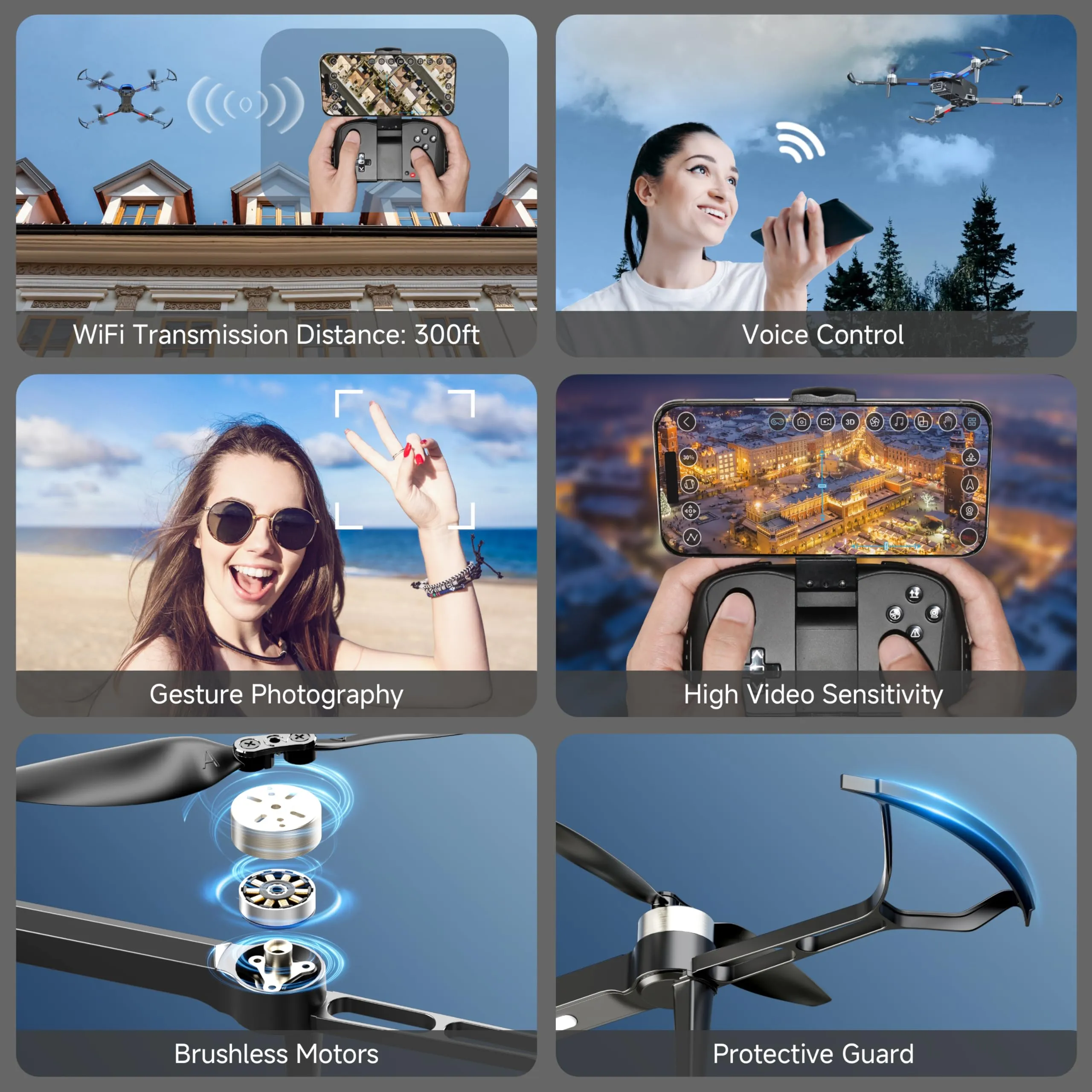 FPV Foldable RC Quadcopter with Propeller Guards, 2 Batteries, 1500mAh, 130° Lens, WiFi, Voice Control, Gesture Photography