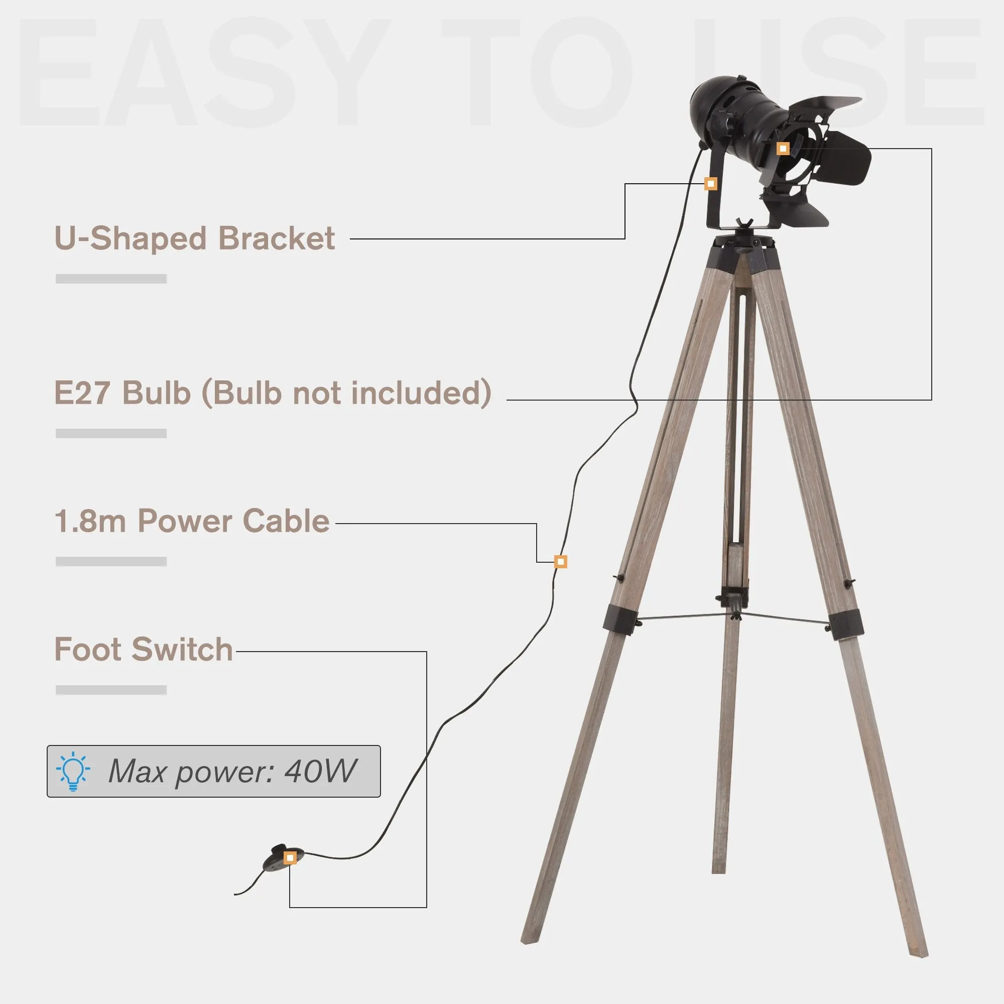 HOMCOM Pine Wood Camera Tripod Floor Lamp Black
