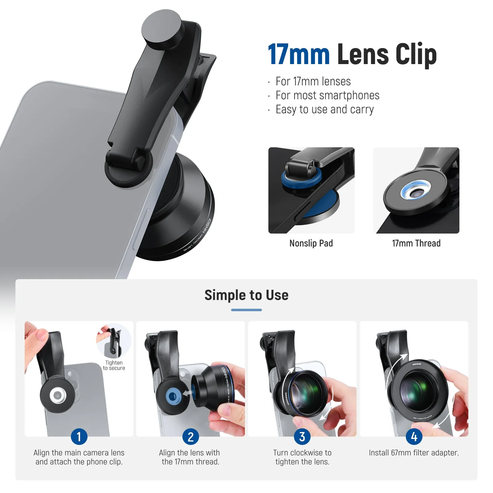 NEEWER LS-26 PRO 105mm Macro Lens with 17mm Phone Clip & 67mm Filter Adapter