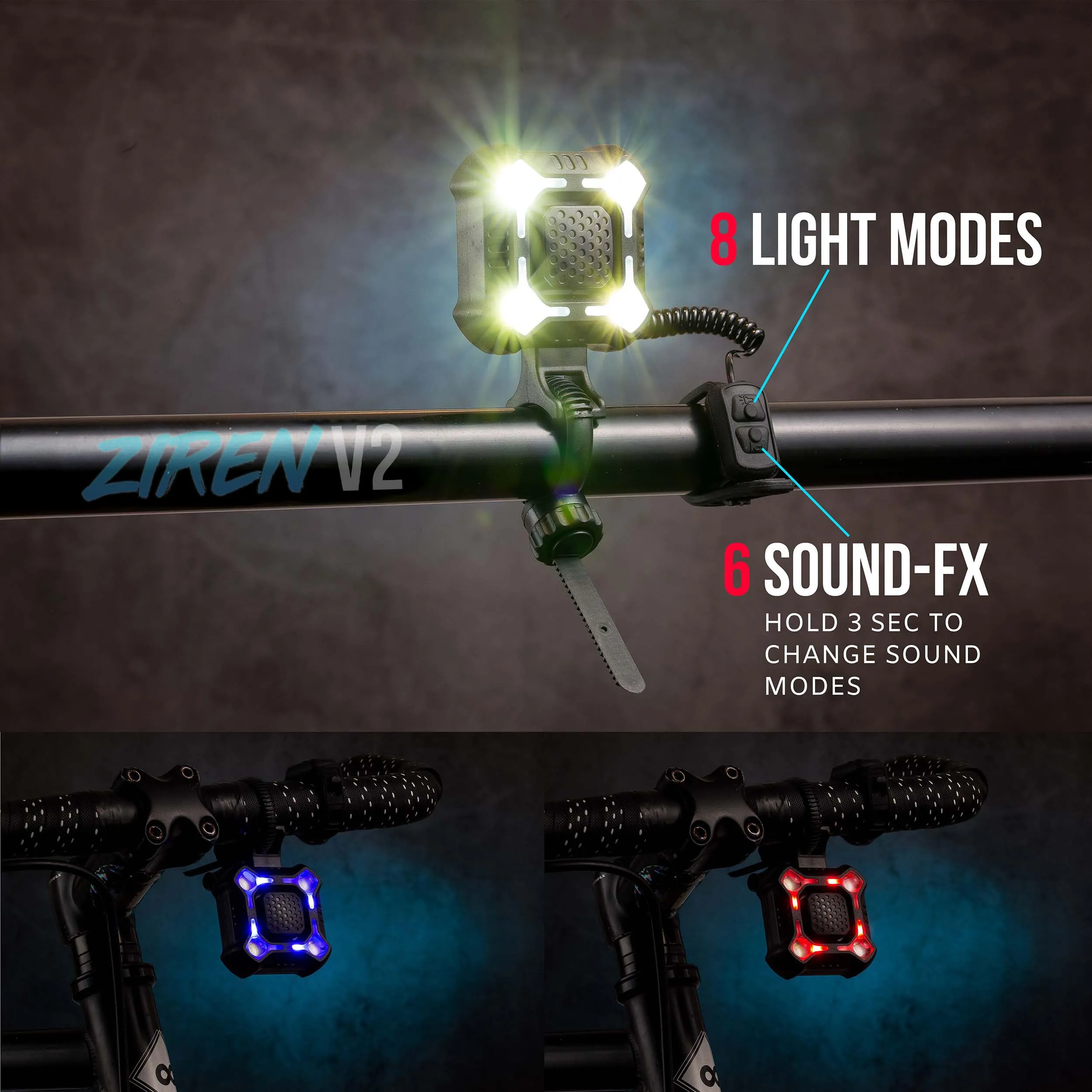 [NEW 2025] ZIREN-V2 High-Traffic Bike Horn Siren Bell & LED Light Super Loud Electric Alert New Control Switch USB-C Rechargeable IPX4 Front and Back Lights (Version 2)