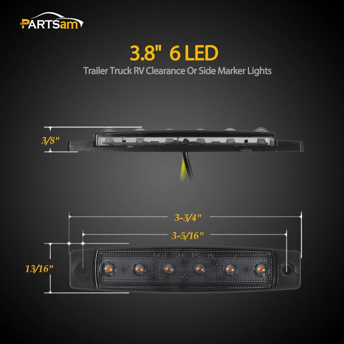 Partsam 10Pcs 3.8 Inch Smoked Thin line Trailer Led Side Marker Clearance Lights 6 LED Surface Mount Amber/Red Trailer marker lights, Led marker lights for trucks, Truck cab marker lights, RV marker light