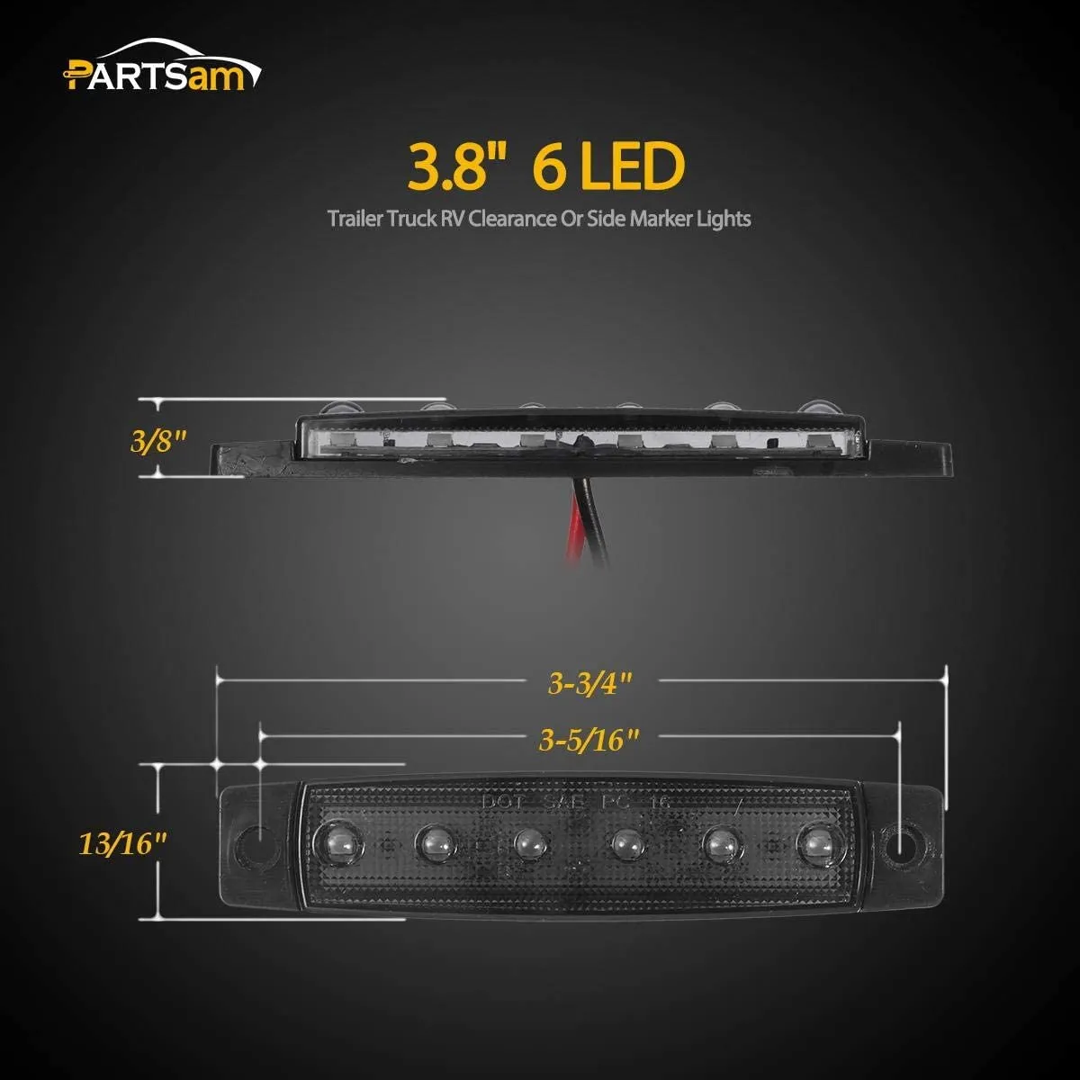 Partsam 10Pcs 3.8" Thin Red Led Side Marker Clearance indicator Lights 6 LED Smoke Lens Waterproof 12V Trailer Lorry Van Bus Led marker lights for trucks Sealed, Boat Marine Led Utility Strip Lights