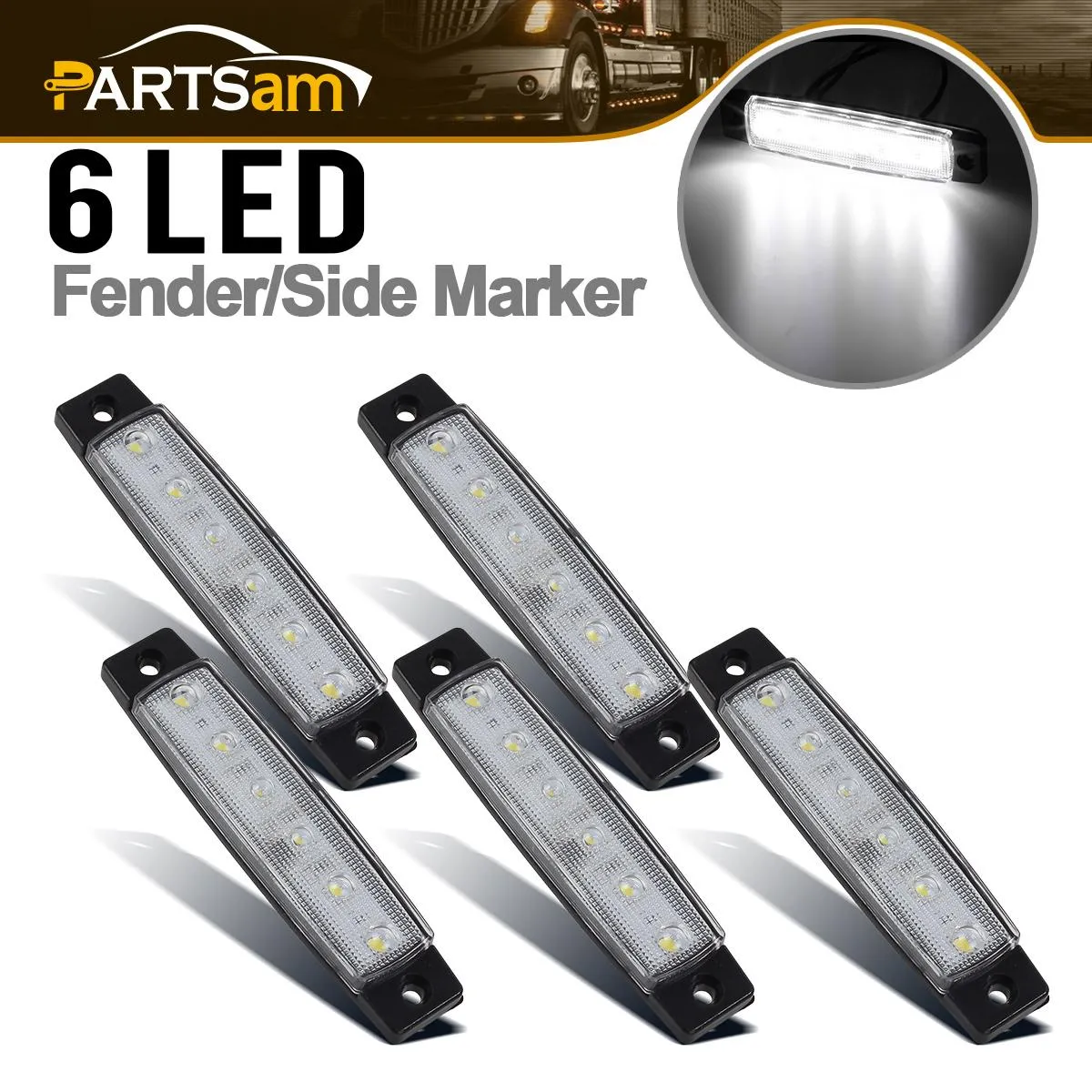 Partsam 5 Pcs 3.8 inch 6 LED White Side Marker Lights, Rear Side Marker Lamp, Led Marker Lights for Trucks, Cab Marker, RV Marker Light, Marine Led Utility Strip Light for Boats 12 Volts