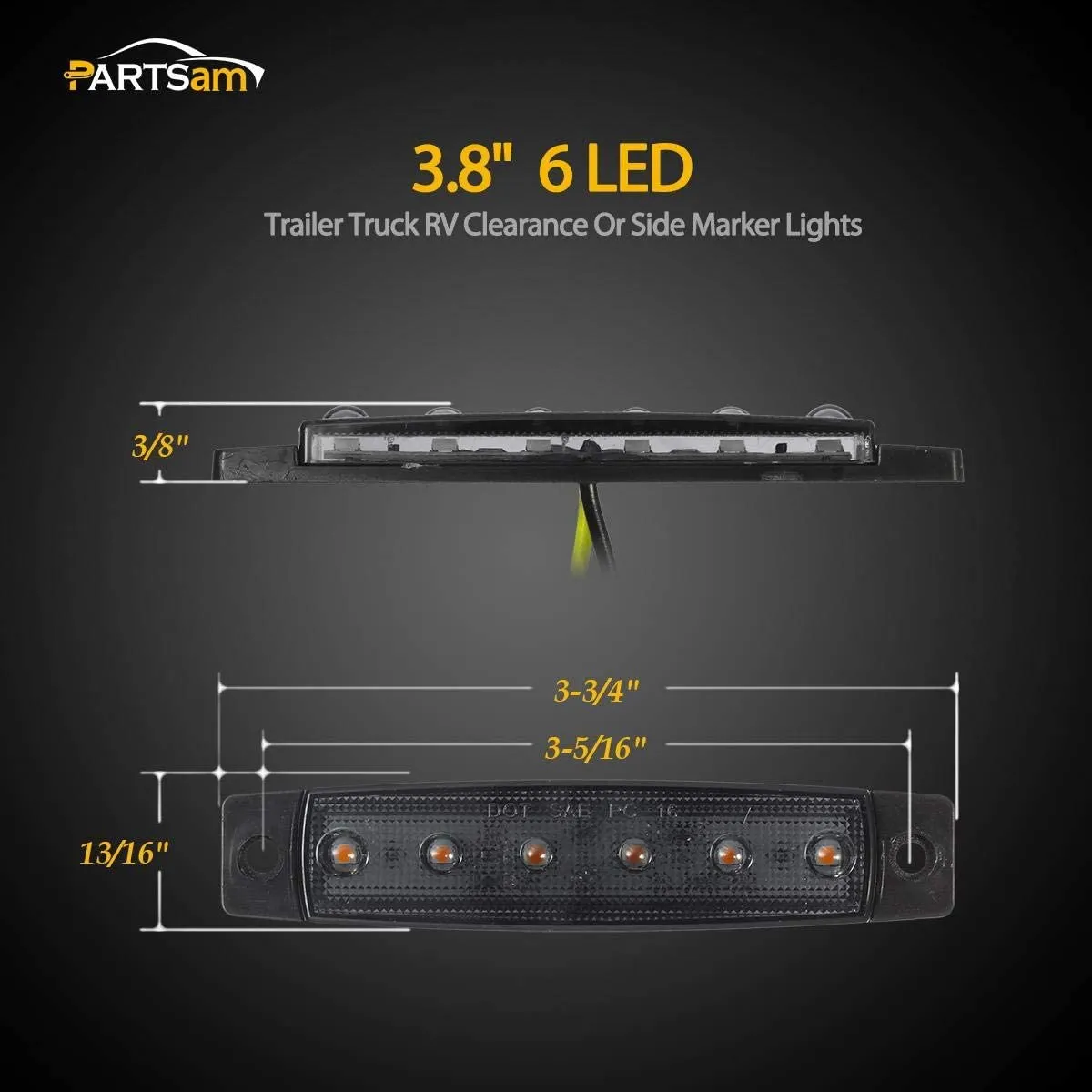 Partsam 5Pcs 3.8" Thin Amber Led Side Marker Clearance indicator Lights 6 LED Smoke Lens Waterproof 12V Trailer Lorry Van Bus Boat Marine Led marker lights for trucks, Truck RV cab marker lights