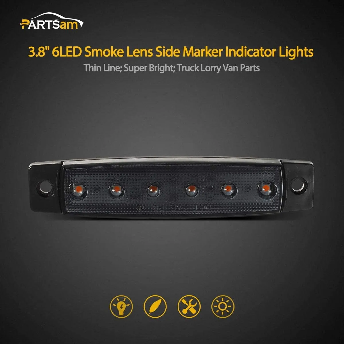 Partsam 5Pcs 3.8" Thin Amber Led Side Marker Clearance indicator Lights 6 LED Smoke Lens Waterproof 12V Trailer Lorry Van Bus Boat Marine Led marker lights for trucks, Truck RV cab marker lights