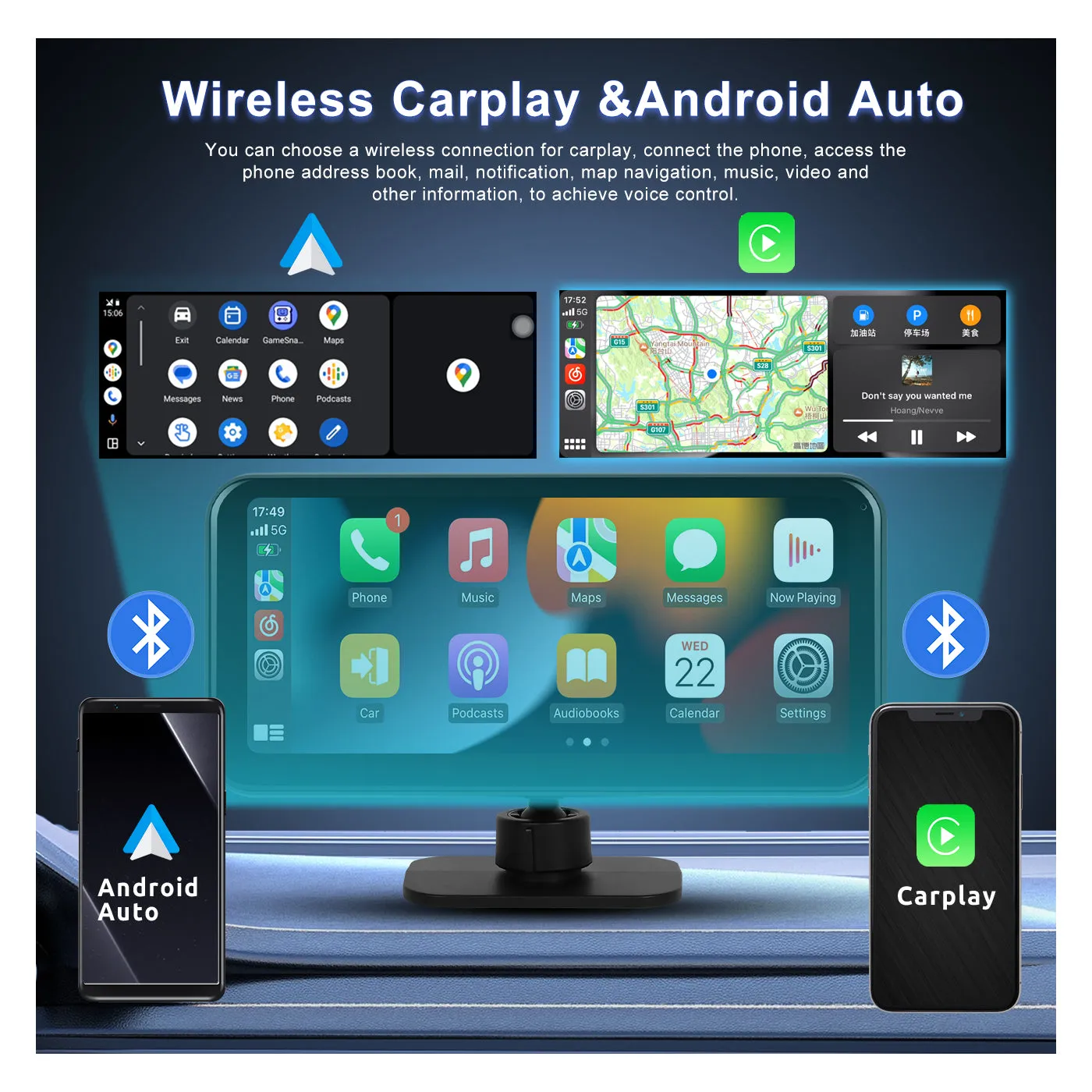 PODOFO 6.25 Inches Wireless CarPlay Android Auto Screen with DVR 4K, Screen Mirroring, Support Bluetooth/AUX/FM/TF, Support Rear Camera, Automatic brightness