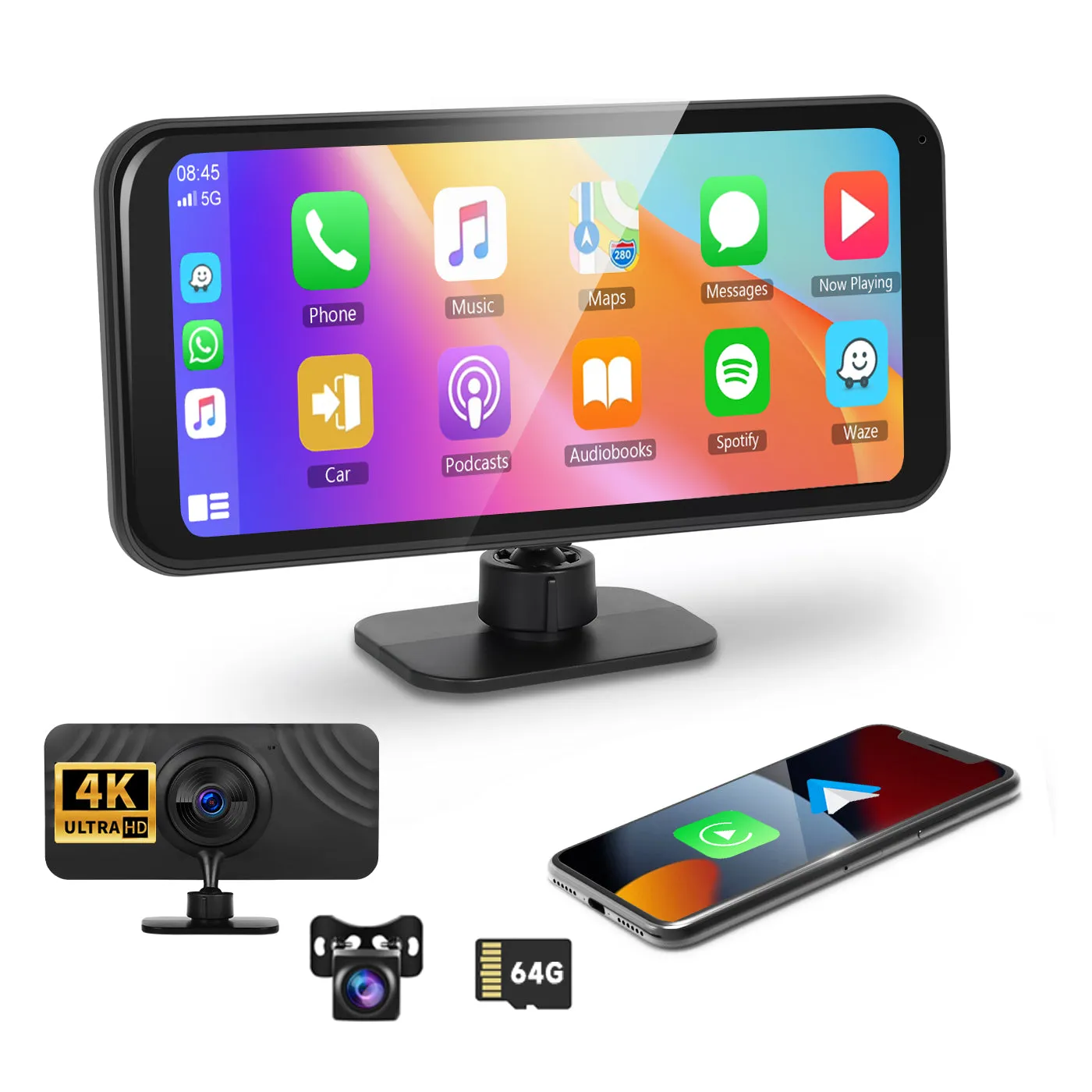 PODOFO 6.25 Inches Wireless CarPlay Android Auto Screen with DVR 4K, Screen Mirroring, Support Bluetooth/AUX/FM/TF, Support Rear Camera, Automatic brightness