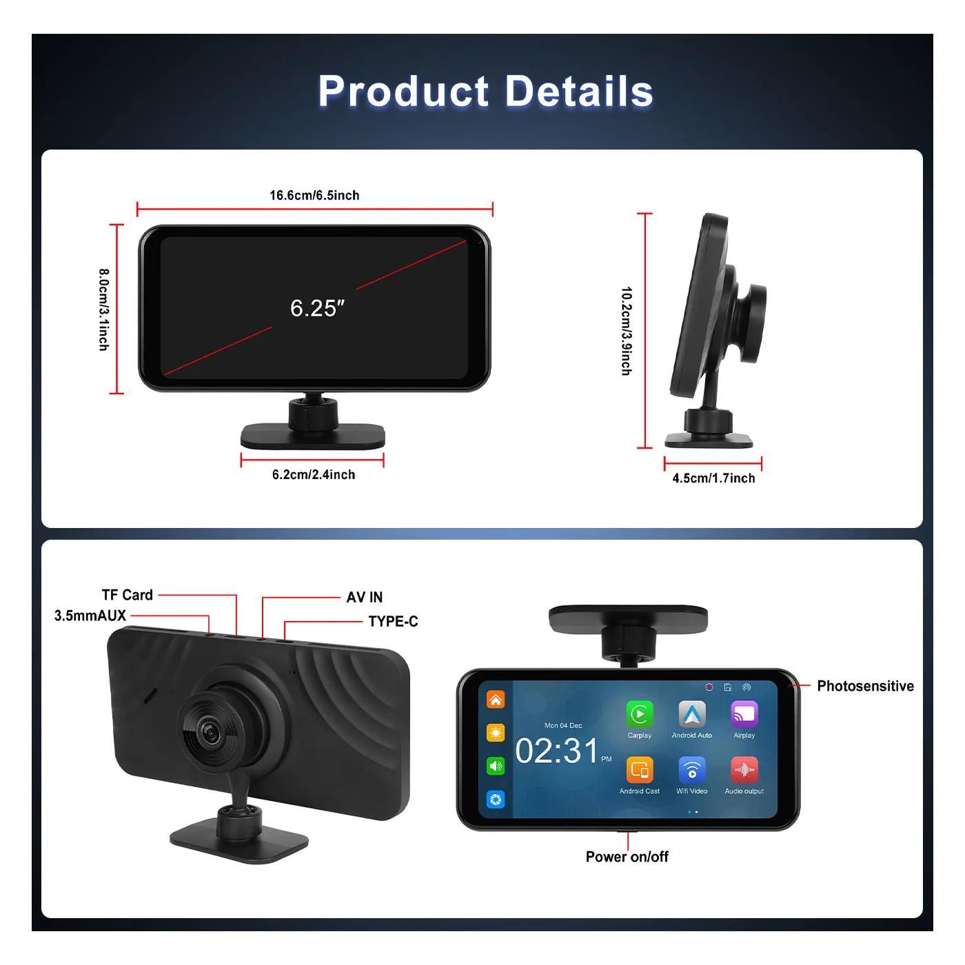 PODOFO 6.25 Inches Wireless CarPlay Android Auto Screen with DVR 4K, Screen Mirroring, Support Bluetooth/AUX/FM/TF, Support Rear Camera, Automatic brightness