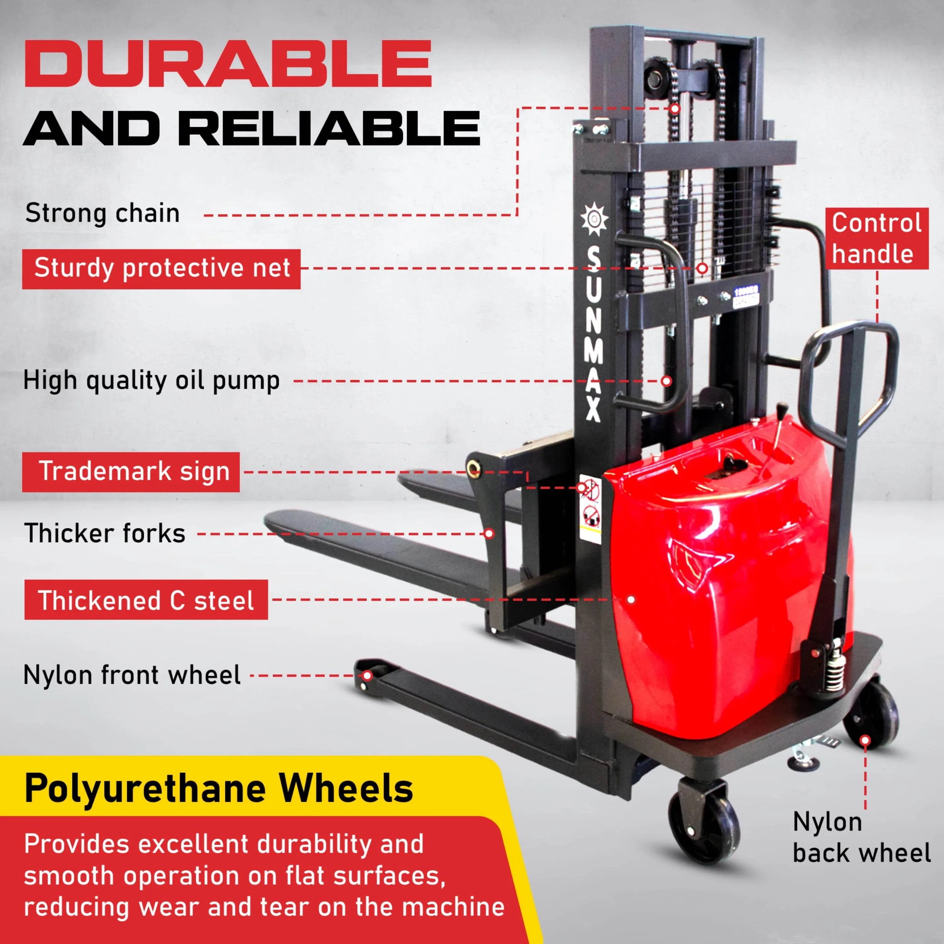 PS3300SE-2M Semi-Electric Pallet Stacker, 3300 lbs Capacity, 6.6 ft Lifting Height