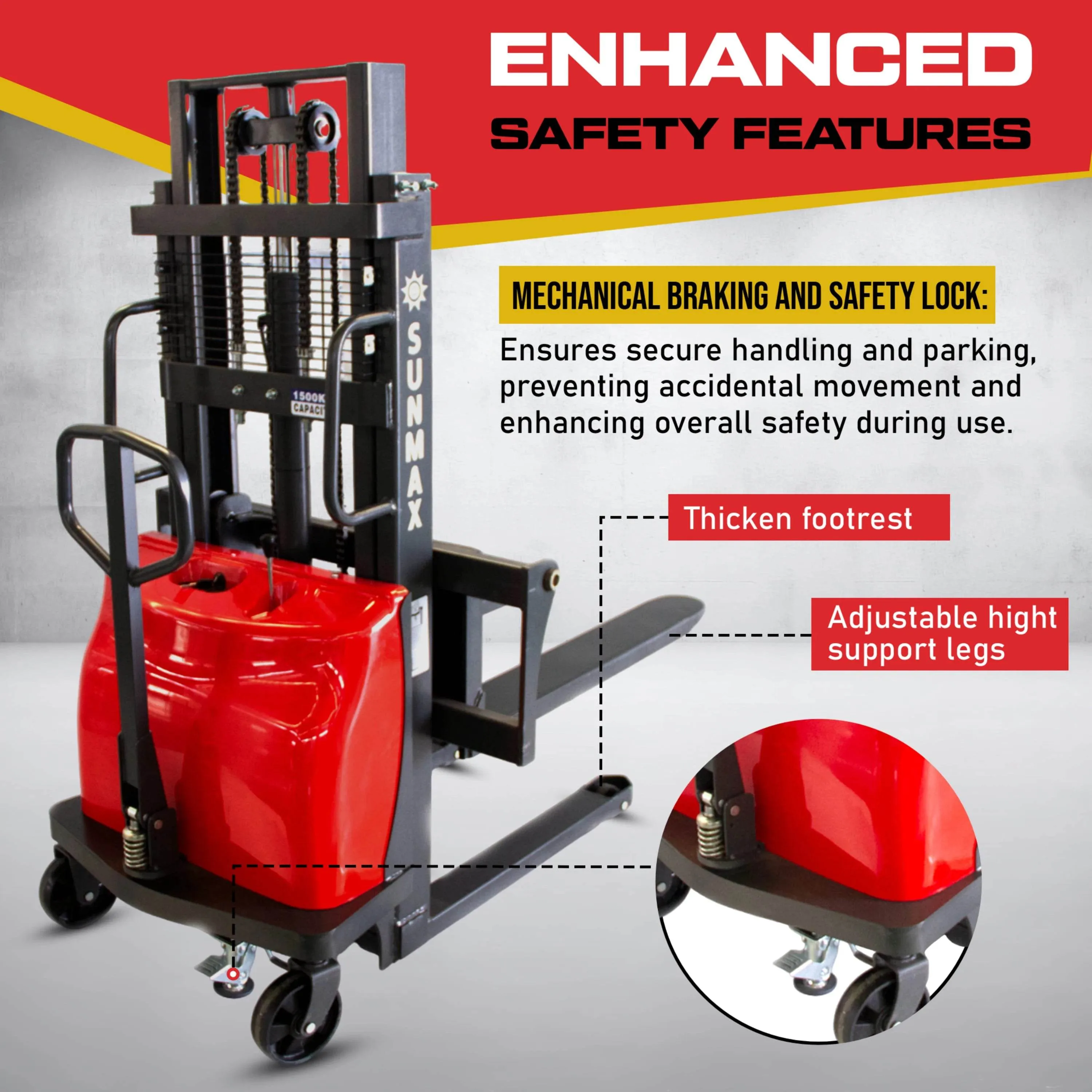 PS3300SE-2M Semi-Electric Pallet Stacker, 3300 lbs Capacity, 6.6 ft Lifting Height