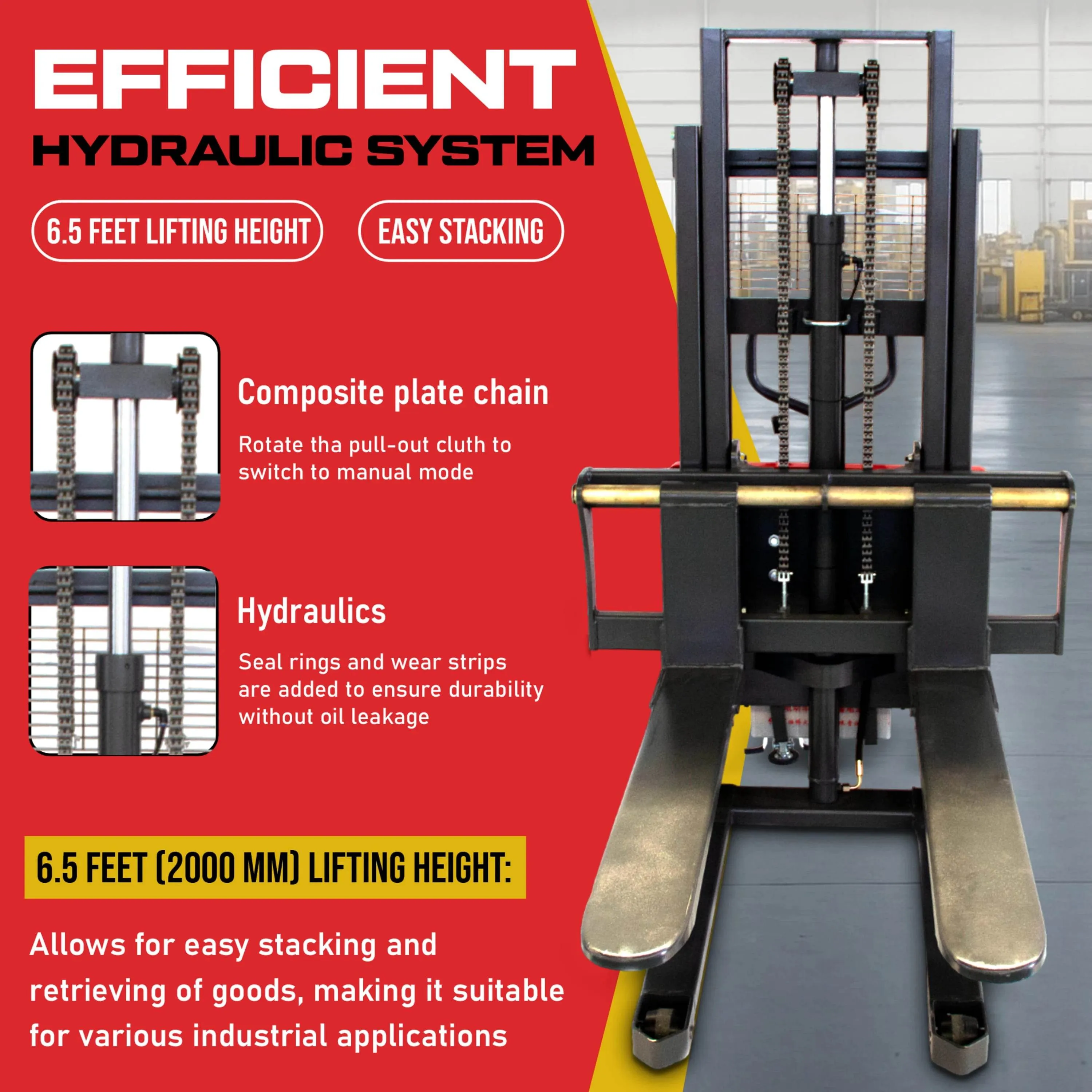 PS3300SE-2M Semi-Electric Pallet Stacker, 3300 lbs Capacity, 6.6 ft Lifting Height