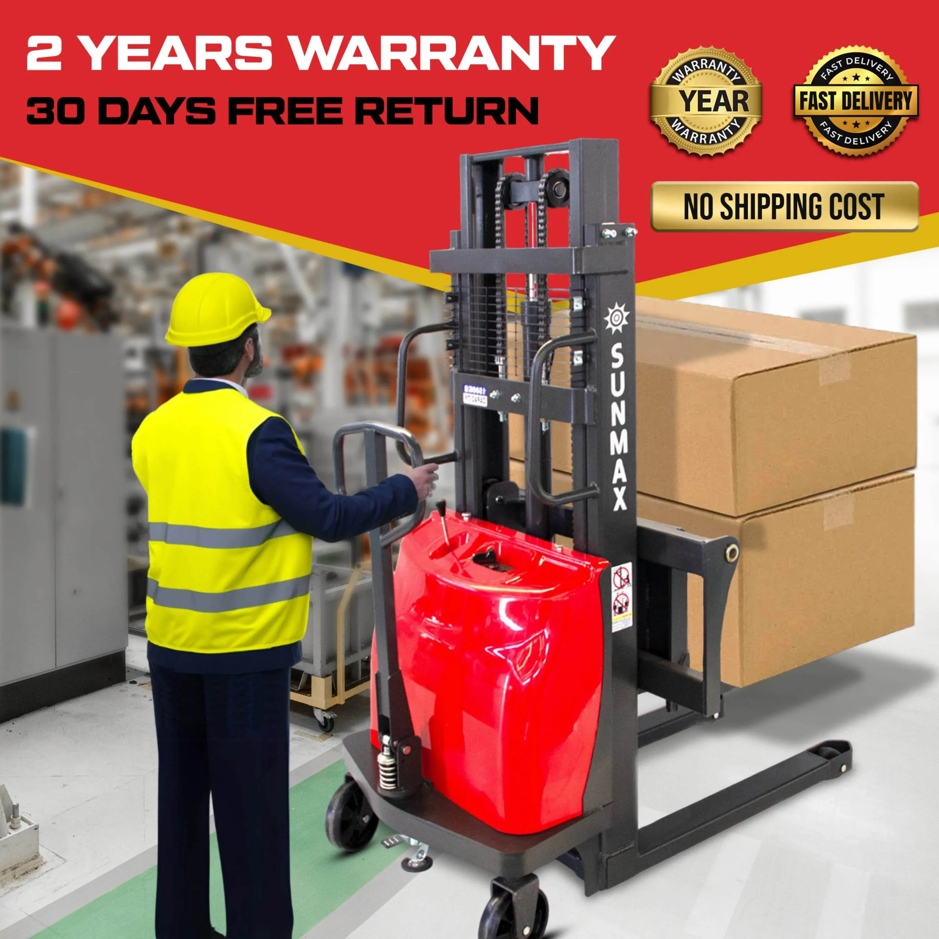 PS3300SE-2M Semi-Electric Pallet Stacker, 3300 lbs Capacity, 6.6 ft Lifting Height