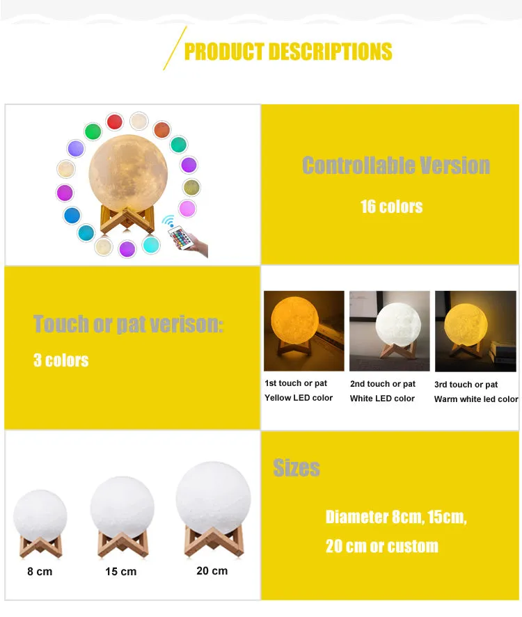 Rechargeable Touch Sensor Control Led 3D Moon Lamp Pb-17