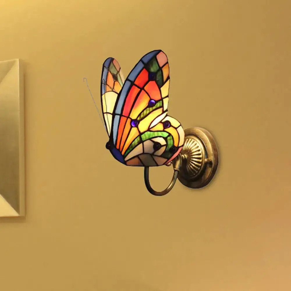 Rustic Lodge Butterfly Wall Sconce - Stained Glass Decorative Light for Bedroom