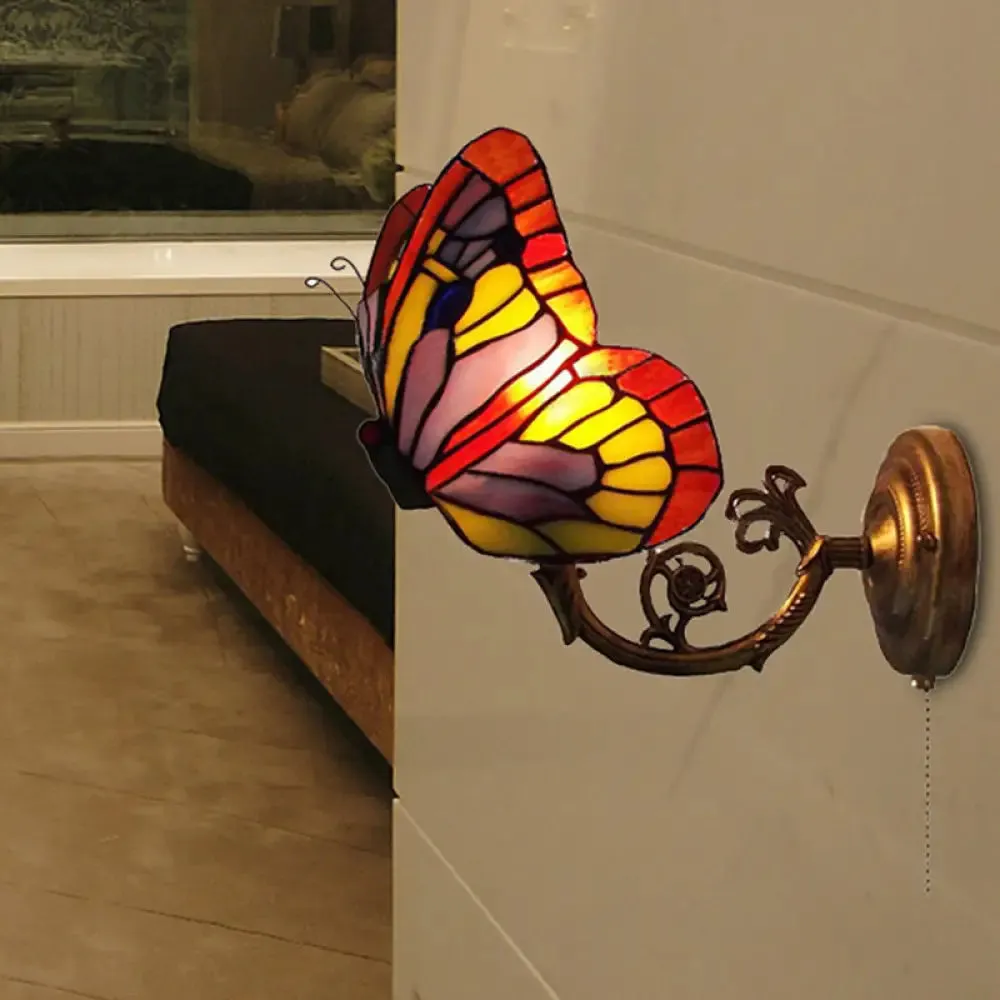 Rustic Lodge Butterfly Wall Sconce - Stained Glass Decorative Light for Bedroom