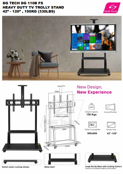 Skill Tech Large Heavy-Duty Steel Tv Trolley Stand with Shelf - DG 110B FS (Fits Most 42" ~ 120")